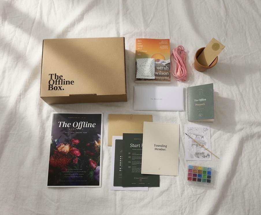 Everything that came in the July Offline Box, laid out