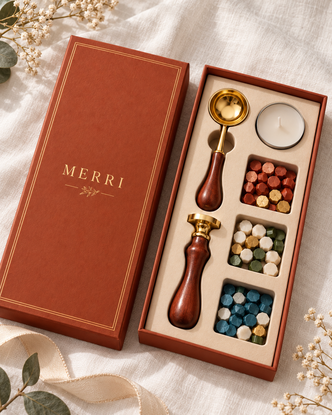 The Art of the Seal wax sealing kit by MERRI in its terracotta gift box