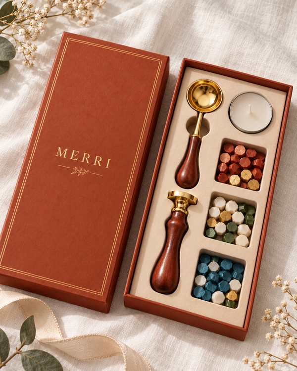 The Art of the Seal wax sealing kit by MERRI in its terracotta gift box