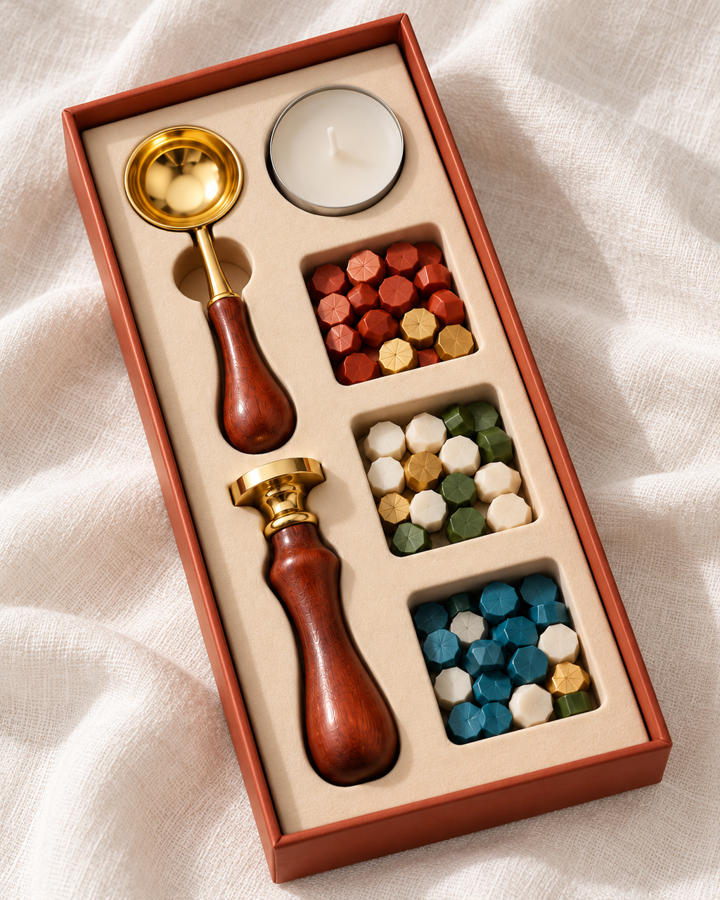 Brass wax seal stamp and melting spoon with turned wooden handles