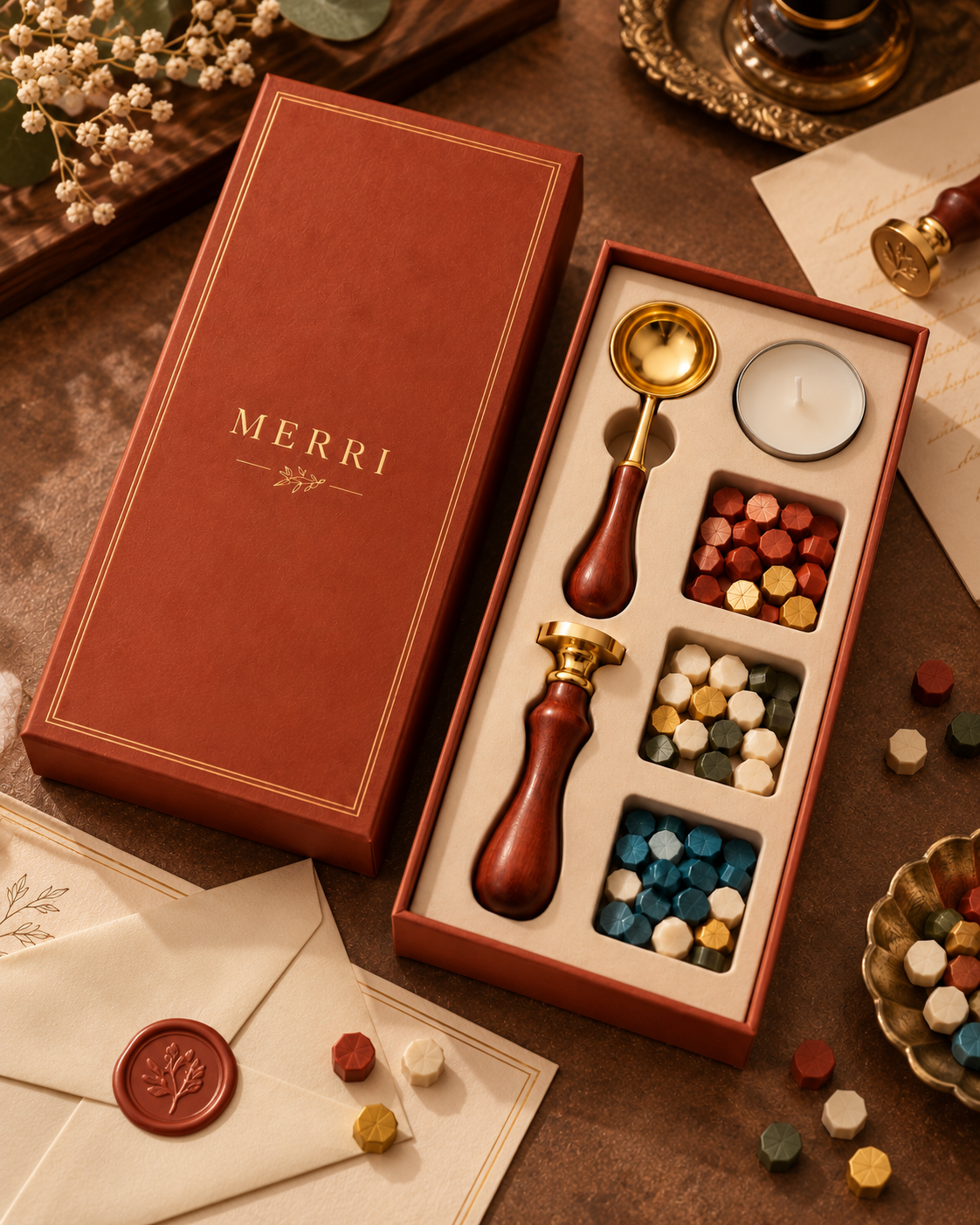 Sealing wax beads in terracotta, cream, olive, teal and gold
