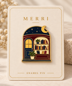 MERRI Moonlit Bookshop Enamel Pin on its display card