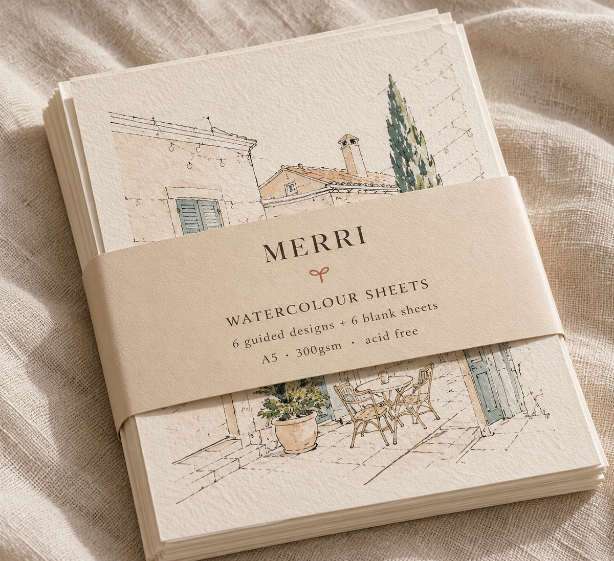 MERRI Watercolour Paint Set, watercolour sheets flat lay