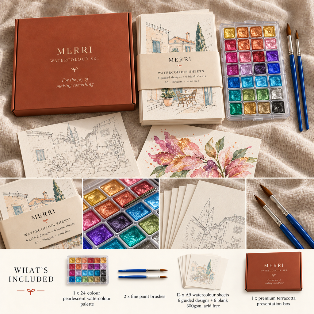 MERRI Watercolour Paint Set, metallic colours flat lay