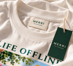 Life Offline Tee, detail with green hang tag