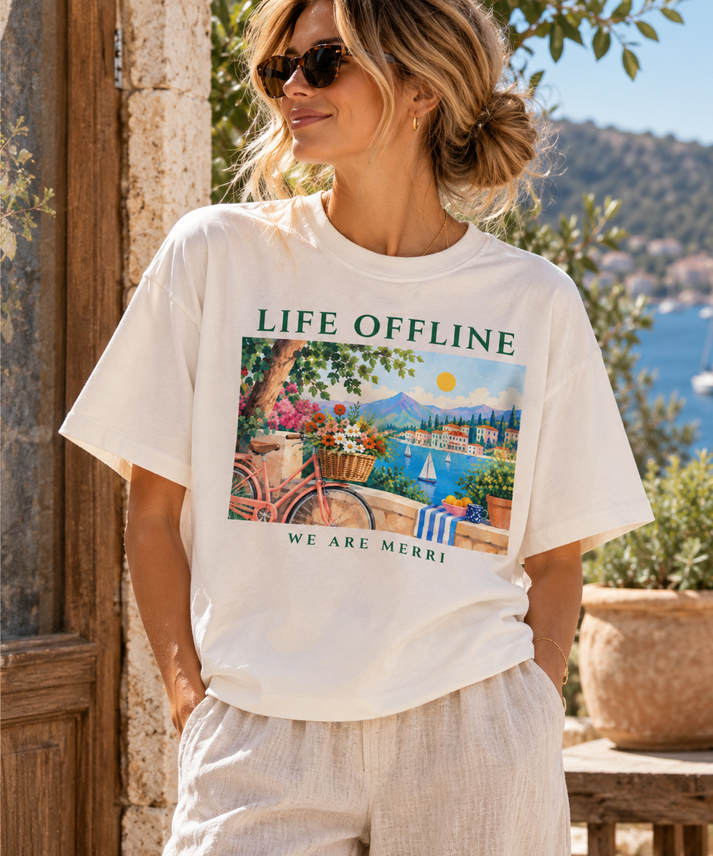 Life Offline Tee, sunlit portrait