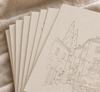 MERRI Watercolour Paint Set, textured papers with a village sketch