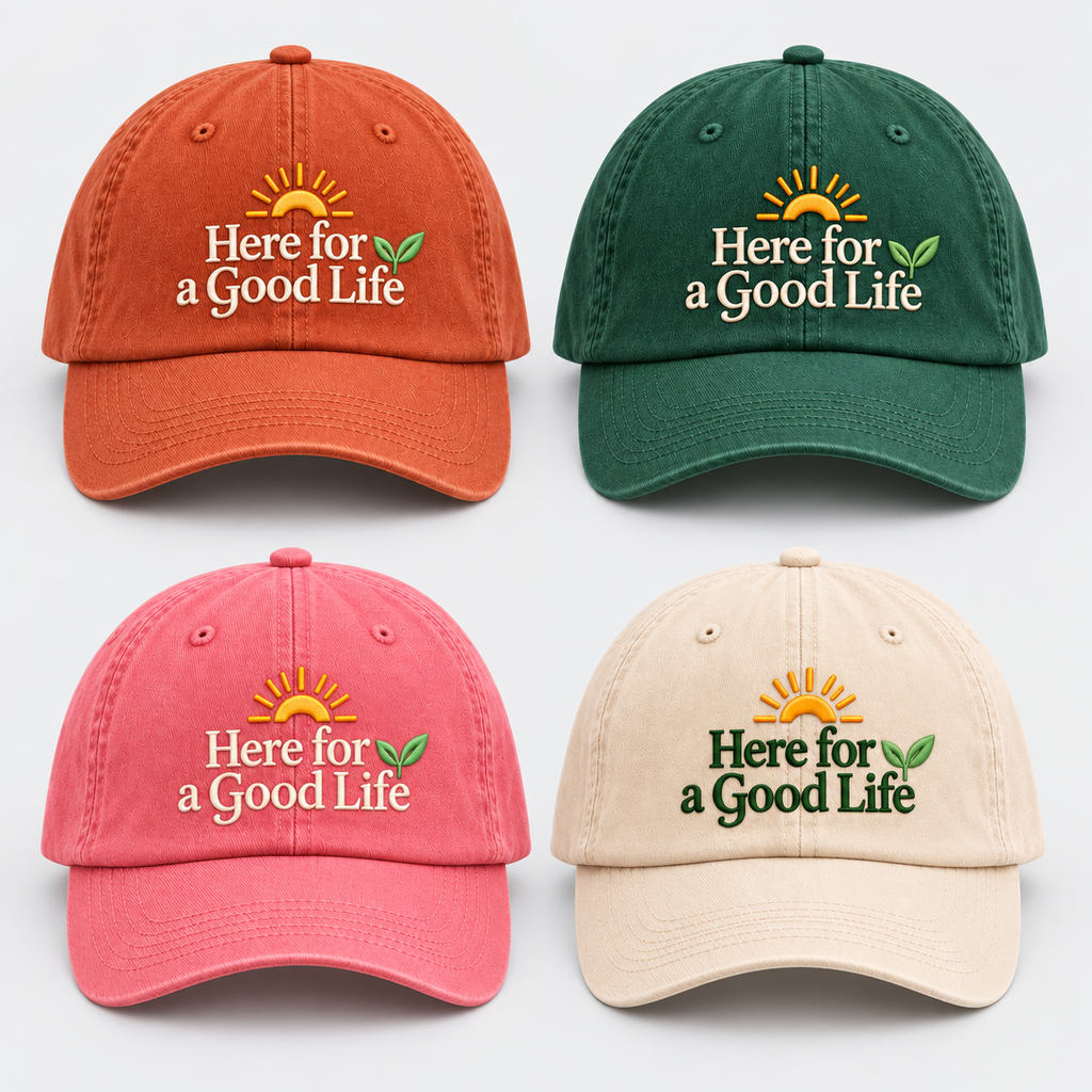 Here For a Good Life cap in Terracotta, Forest, Peony and Ecru with embroidered sun and leaf