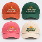Here For a Good Life cap in Terracotta, Forest, Peony and Ecru with embroidered sun and leaf