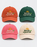 Here For a Good Life cap in Terracotta, Forest, Peony and Ecru with embroidered sun and leaf