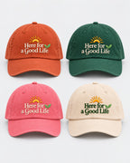 Here For a Good Life cap in Terracotta, Forest, Peony and Ecru with embroidered sun and leaf