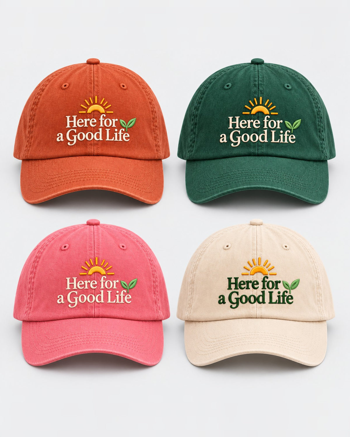 Here For a Good Life cap in Terracotta, Forest, Peony and Ecru with embroidered sun and leaf