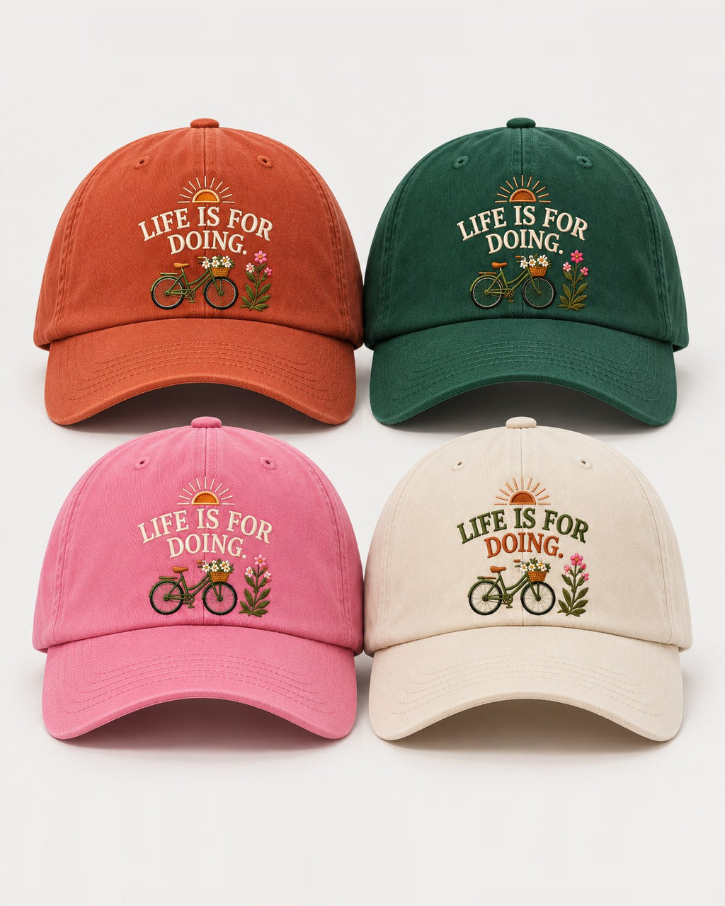 Life Is For Doing cap in Terracotta, Forest, Peony and Ecru with full-colour embroidered bicycle