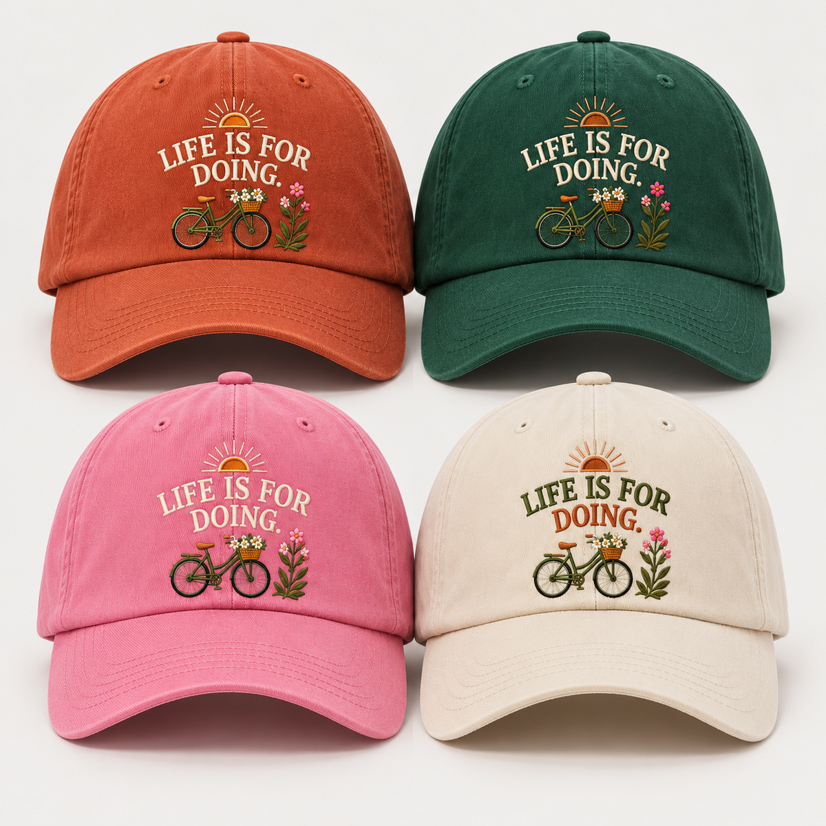 Life Is For Doing cap in Terracotta, Forest, Peony and Ecru with full-colour embroidered bicycle
