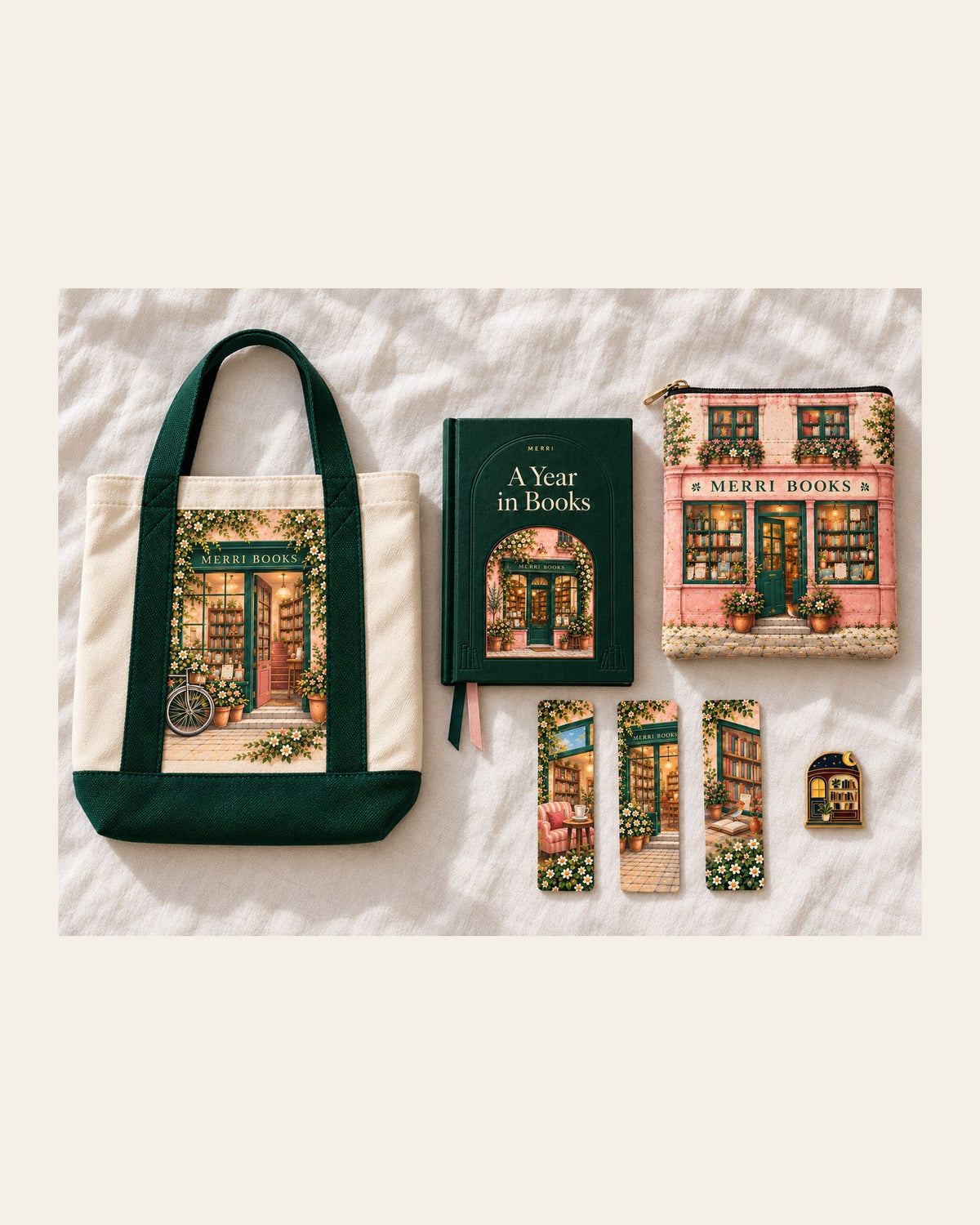 The Ultimate Book Lover's Collection laid out: the book tote, A Year in Books journal, the book pouch, three bookmarks and the enamel pin