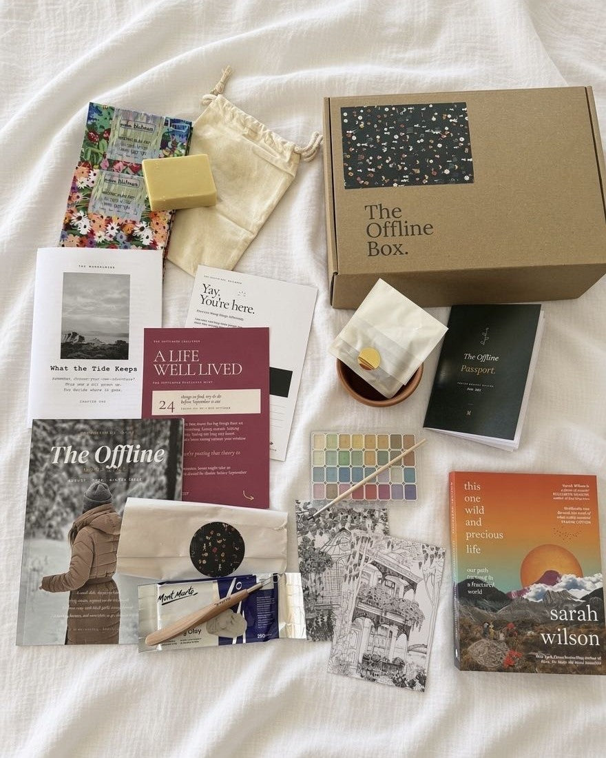 Everything in a past Offline Box laid out on linen: a book, the magazine, watercolours, a pot to grow something and the Manuscript