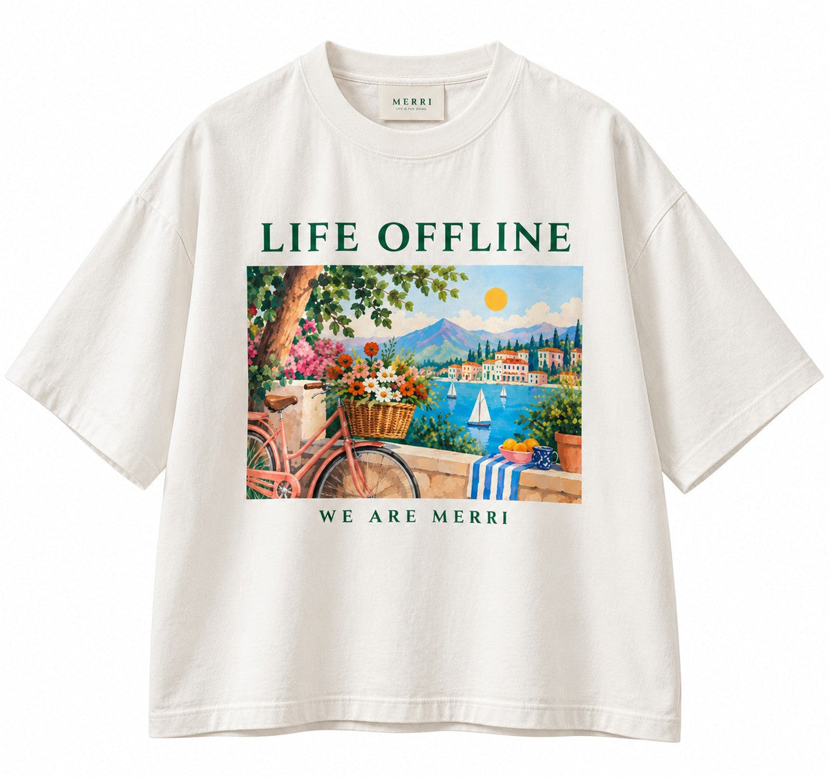 The MERRI Life Offline tee in cream heavy cotton with the Mediterranean print